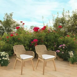 Fauteuil de jardin teck et assise tressée beige avec coussin blanc (lot de 2) SUMMER