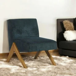 Fauteuil de salon bois et velours bleu SOHO