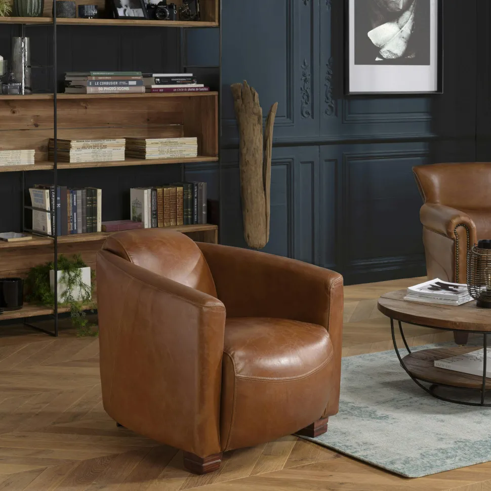 Fauteuil de salon cabriolet cuir brun PRESTON