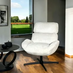 Fauteuil de salon rotatif tissu côtelé blanc IENA