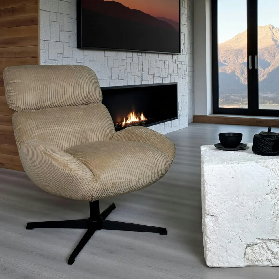 Fauteuil de salon rotatif tissu côtelé blanc IENA