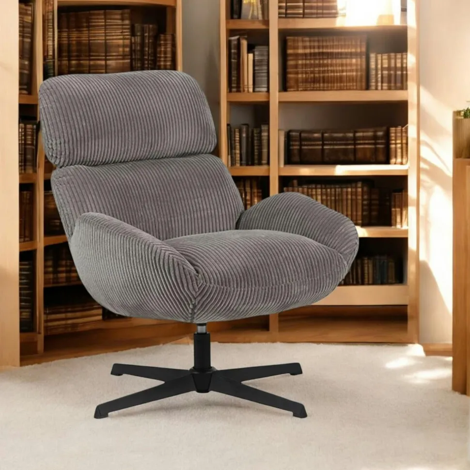 Fauteuil de salon rotatif tissu côtelé gris IENA