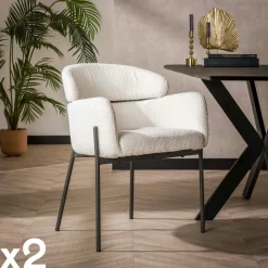 Fauteuil de table beige sable en bouclette dossier haut (lot de 2) GALWAY