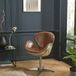 Fauteuil design cuir brun pied aluminium PRESTON