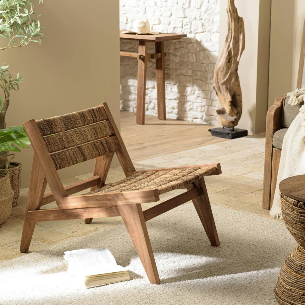 Fauteuil détente en teck recyclé et chanvre tressé SWING