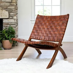 Fauteuil en cuir marron et bois de teck MENDOZA