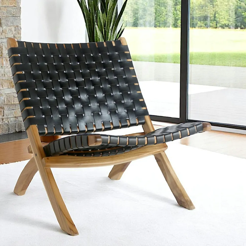 Fauteuil en cuir noir et bois de teck MENDOZA