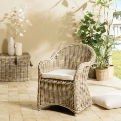 Fauteuil en kubu et rotin avec coussin blanc MANY