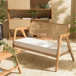 Fauteuil exotique dossier cannage teck et coussin gris MANAK