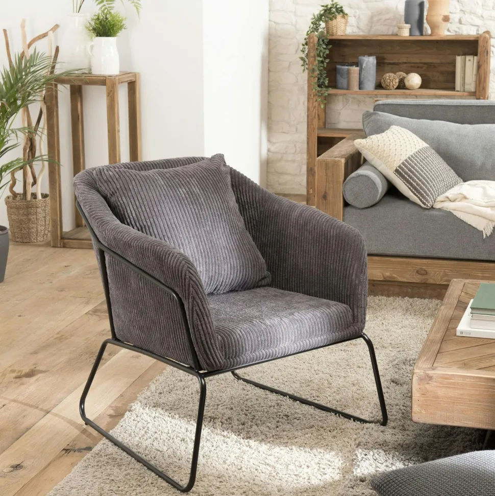 Fauteuil gris anthracite en velours côtelé TIM