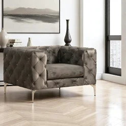 Fauteuil gris en velours capitonné DOVER