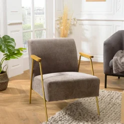Fauteuil gris foncé en tissu avec accoudoirs bois TIM