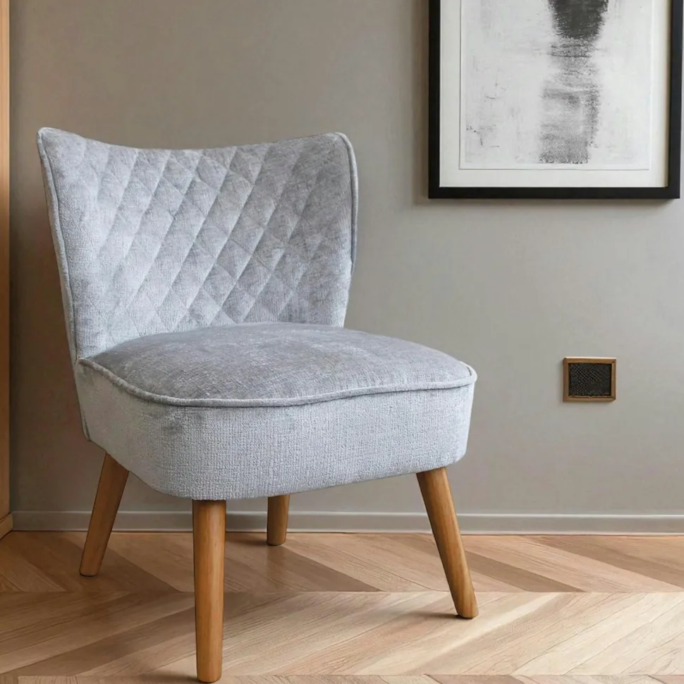 Fauteuil gris tissu chenille - pieds bois, motif croisé IENA