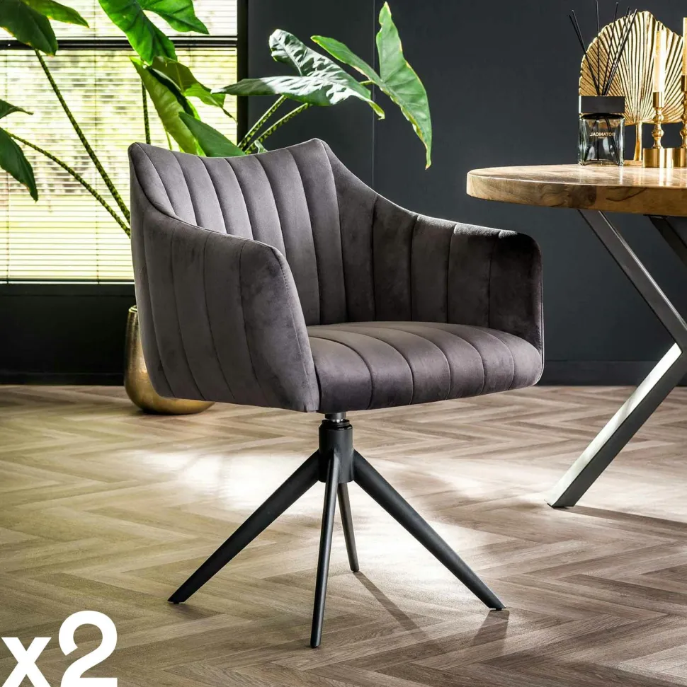 Fauteuil pivotant de table en velours gris à larges bandes (lot de 2) MELBOURNE