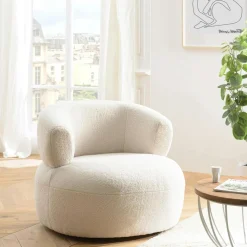 Fauteuil pouf tissu bouclette écru TIM