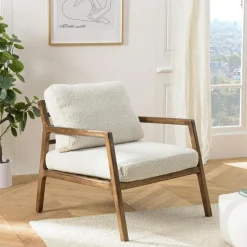 Fauteuil relax en bois coussin tissu bouclette écru TIM