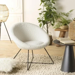 Fauteuil rond blanc tissu bouclette TIM