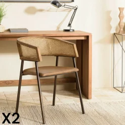 Fauteuil rotin et cuir havane dossier arrondi (lot de 2) TIM