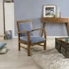 Fauteuil Teck assise tissu coton bleu motifs traditionnels vagues Seigaiha 61x63x81cm DIKA