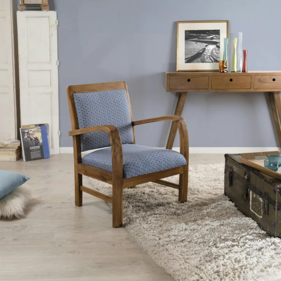 Fauteuil Teck assise tissu coton bleu motifs traditionnels vagues Seigaiha 61x63x81cm DIKA