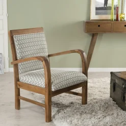 Fauteuil Teck assise tissu coton motifs géométriques façon nids d'abeilles 61x63x81cm DIKA
