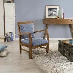 Fauteuil Teck assise tissu coton motifs feuilles rétro années 50. Dim: 61x63x81cm DIKA