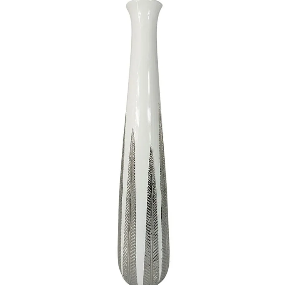 Grand vase blanc et argent avec feuilles