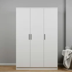 Grande armoire penderie blanche 3 portes 5 étagères BYRON
