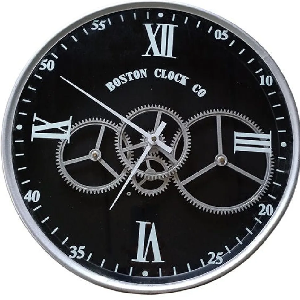 Horloge engrenages argent fond noir Boston