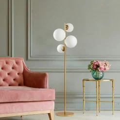 Lampadaire art déco doré, 4 globes verre dépoli SIERRE