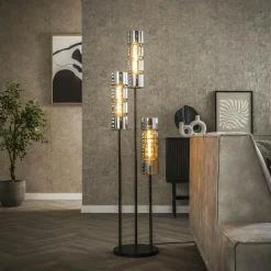 Lampadaire design en verre chromé, 3 abat-jour cylindriques RALF