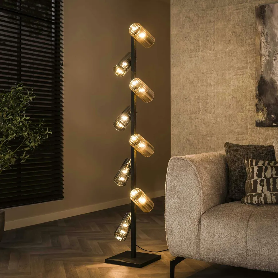 Lampadaire en verre ambré et chromé, 8 abat-jour RALF