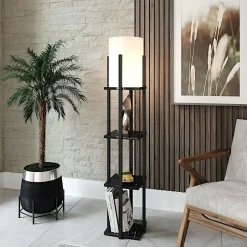 Lampadaire moderne décoratif avec étagères effet bois clair KILIS