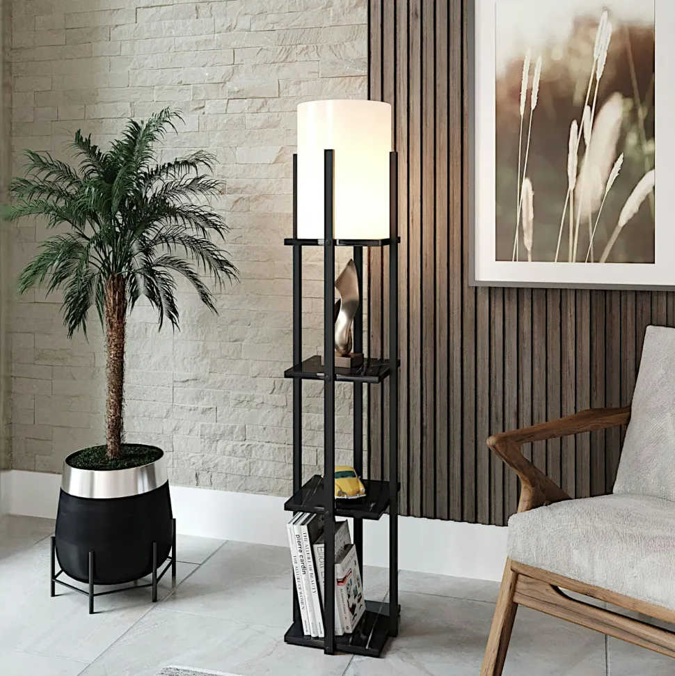 Lampadaire moderne décoratif avec étagères effet bois clair KILIS
