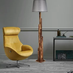 Lampadaire salon en bois sculpté abat-jour gris ANZIO