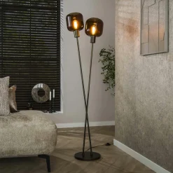Lampadaire vintage verre – 2 abat–jour croisés bronze NOVA