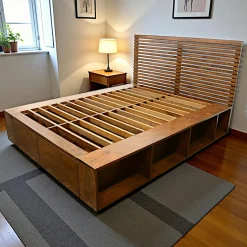 Lit 2 places Hévéa avec 2 tiroirs et 8 niches pour couchage 160x200 162x206x109cm NEW ORLEANS