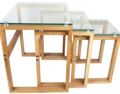 Lot de 3 Tables carrées d'appoint Gigogne plateau verre et pieds bois H50cm