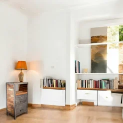 Meuble de rangement bois recyclé 1 niche et 2 tiroirs métal 60x40x110cm CARAVELLE