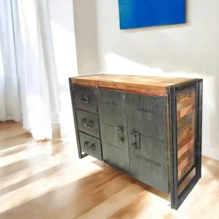 Meuble de rangement bois recyclé 1 niche et 2 tiroirs métal 60x40x110cm CARAVELLE
