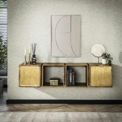 Meuble de rangement mural en bois de manguier finition cuivrée, 4 cubes (2 niches ouvertes, 2 niches fermées) VARA