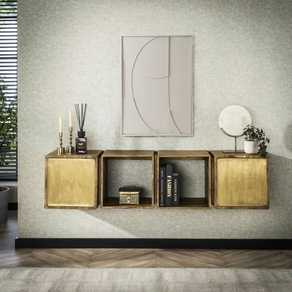 Meuble de rangement mural en bois de manguier finition cuivrée, 4 cubes (2 niches ouvertes, 2 niches fermées) VARA