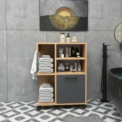 Meuble de rangement sur roulettes effet bois de pin MARFA