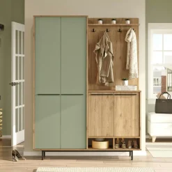 Meuble d'entrée avec rangement - vert sauge et effet chêne JENA