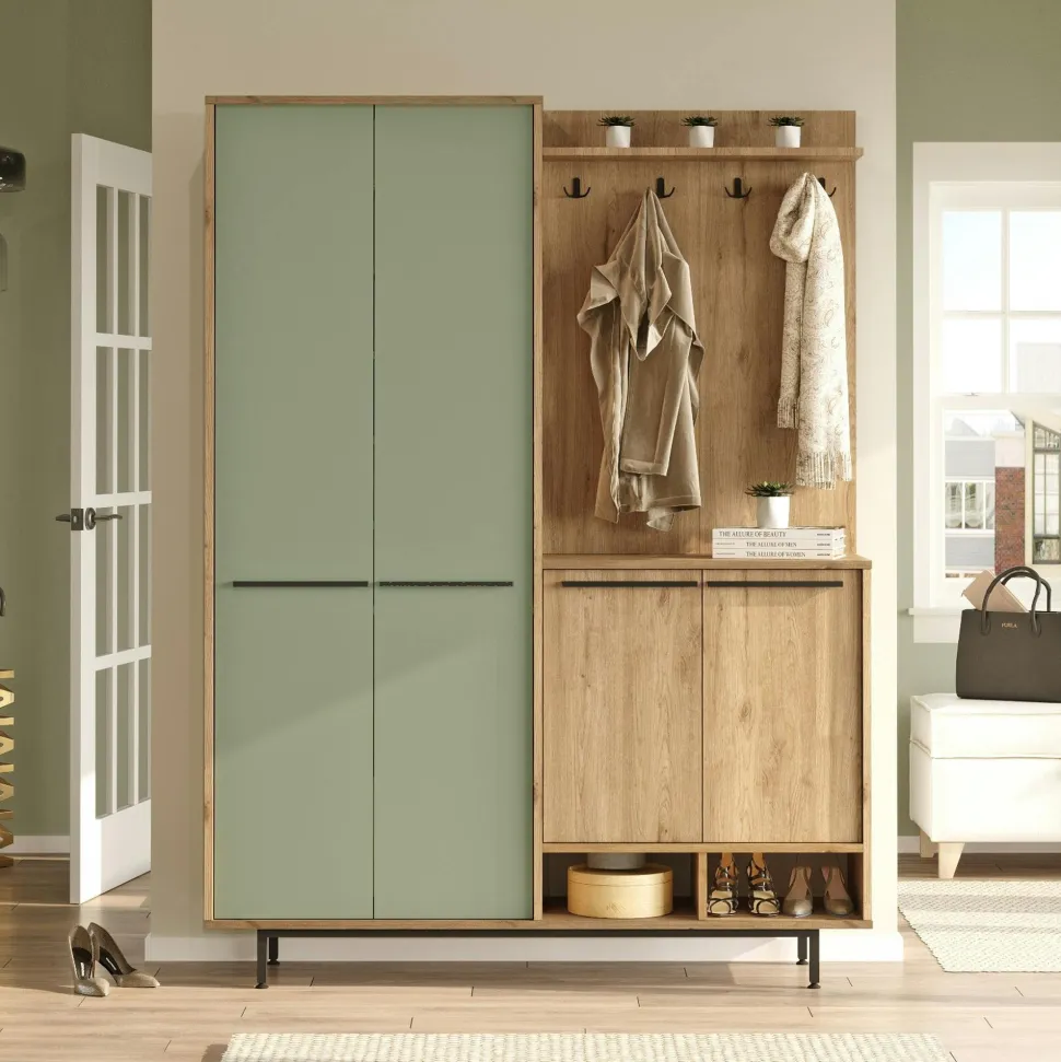 Meuble d'entrée avec rangement - vert sauge et effet chêne JENA