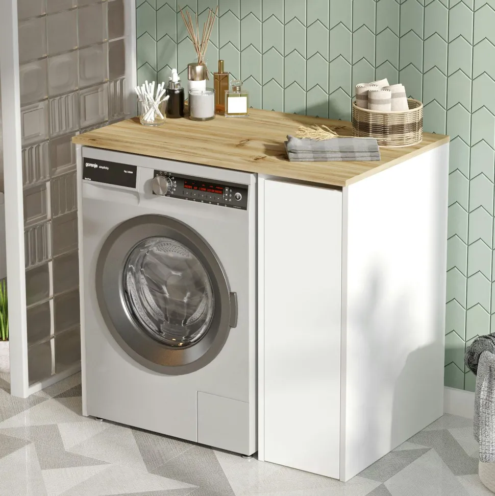 Meuble pour lave-linge 1 tiroir, blanc & bois clair MARFA