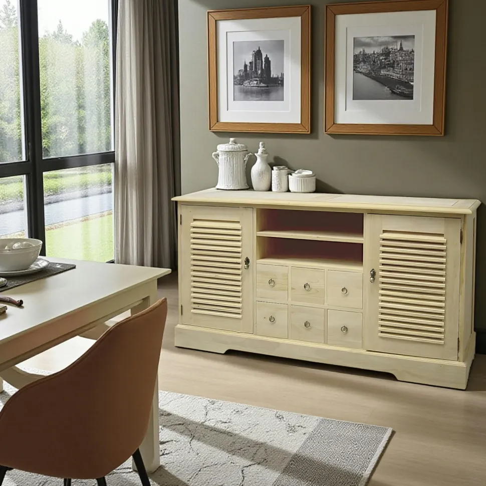 Meuble TV / Buffet Hévéa 2 portes persiennes, 6 tiroirs, 2 niches 150x44x80cm MAORI