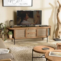 Meuble TV 180 cm en teck recycle 2 tiroirs fibre de coco SWING
