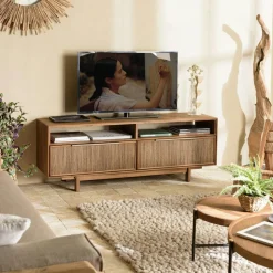 Meuble TV 180 cm en teck recycle 2 tiroirs fibre de coco SWING