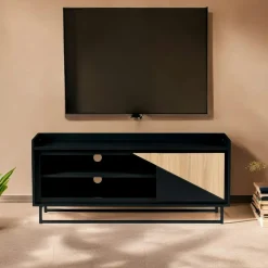 Meuble TV 1 porte bois noir et blanc ANINA